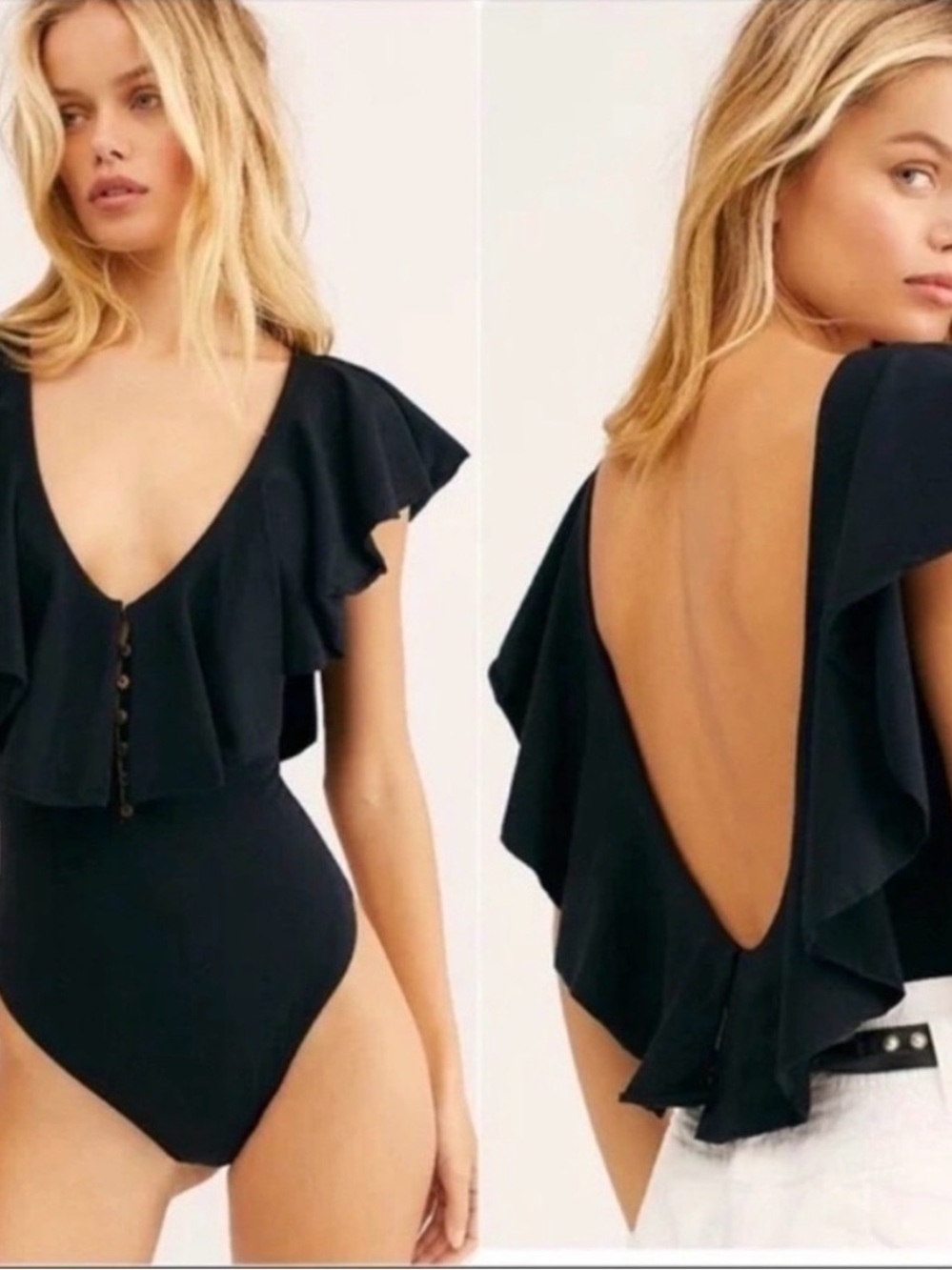 Free People XS Black Ruffle Bodysuit